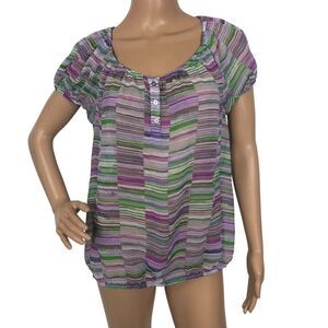 Liz Claiborne Multicolor Stripe Babydoll Top Sheer Button Shirt M‎ Office Preppy
